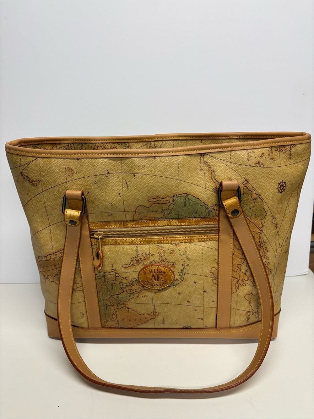 Vintage Allan Edward Map-Print Tote Bag in Tan Leather Trim